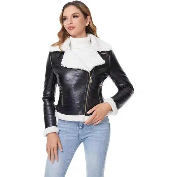 Women's Black White Leather Jacket Fur Winter Coat Warm Thick Fur Lined Faux - Picture 2 of 4